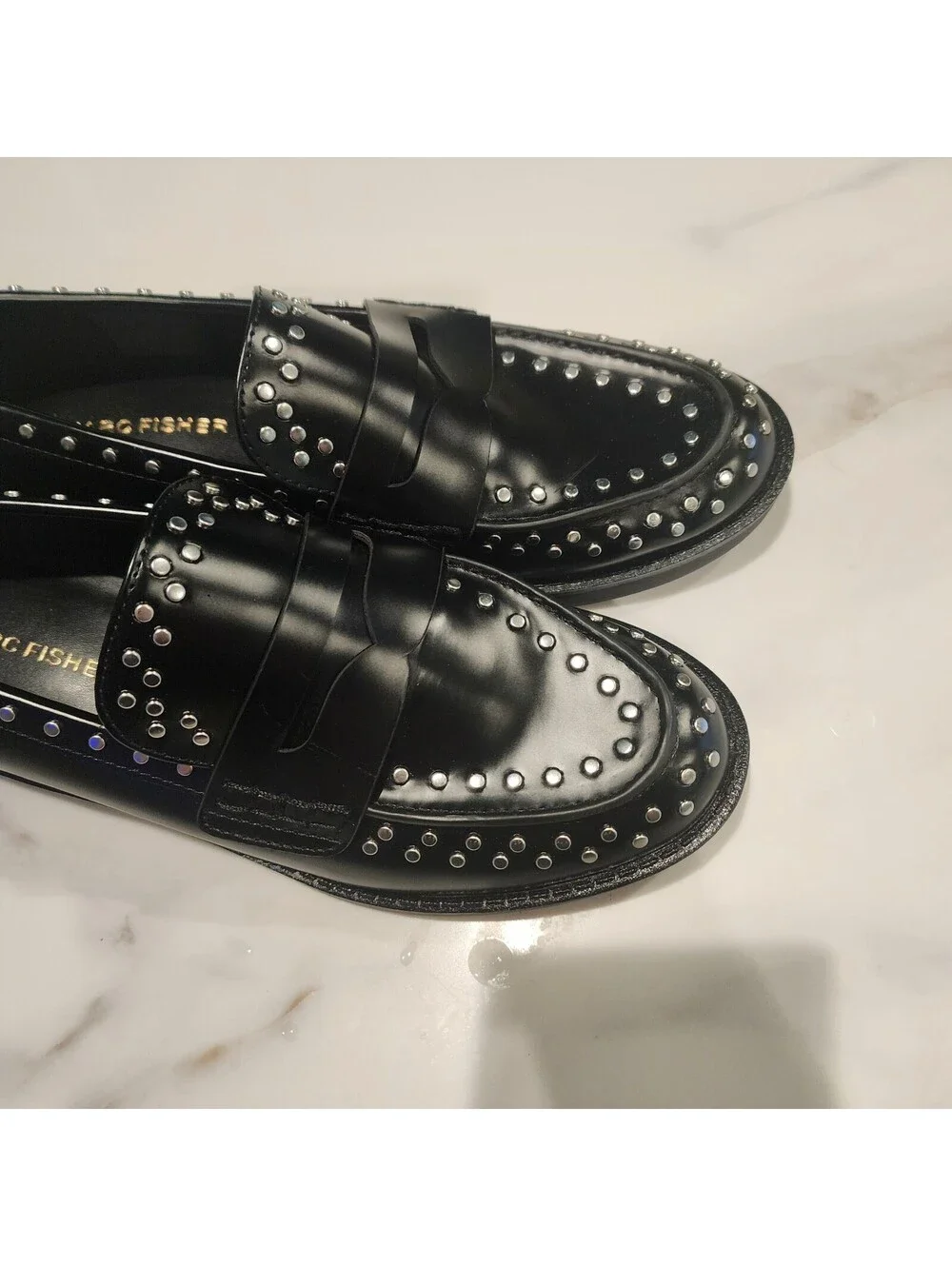 Marc Fisher Black Leather Studded Penny Loafers Women’s Size 6.5